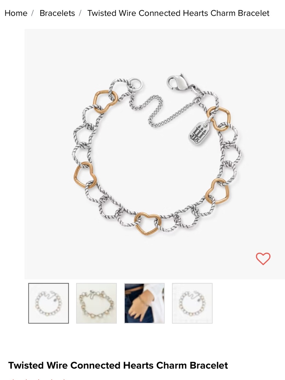 James Avery Twisted Wire Connected Hearts Charm Bracelet Two-Tone